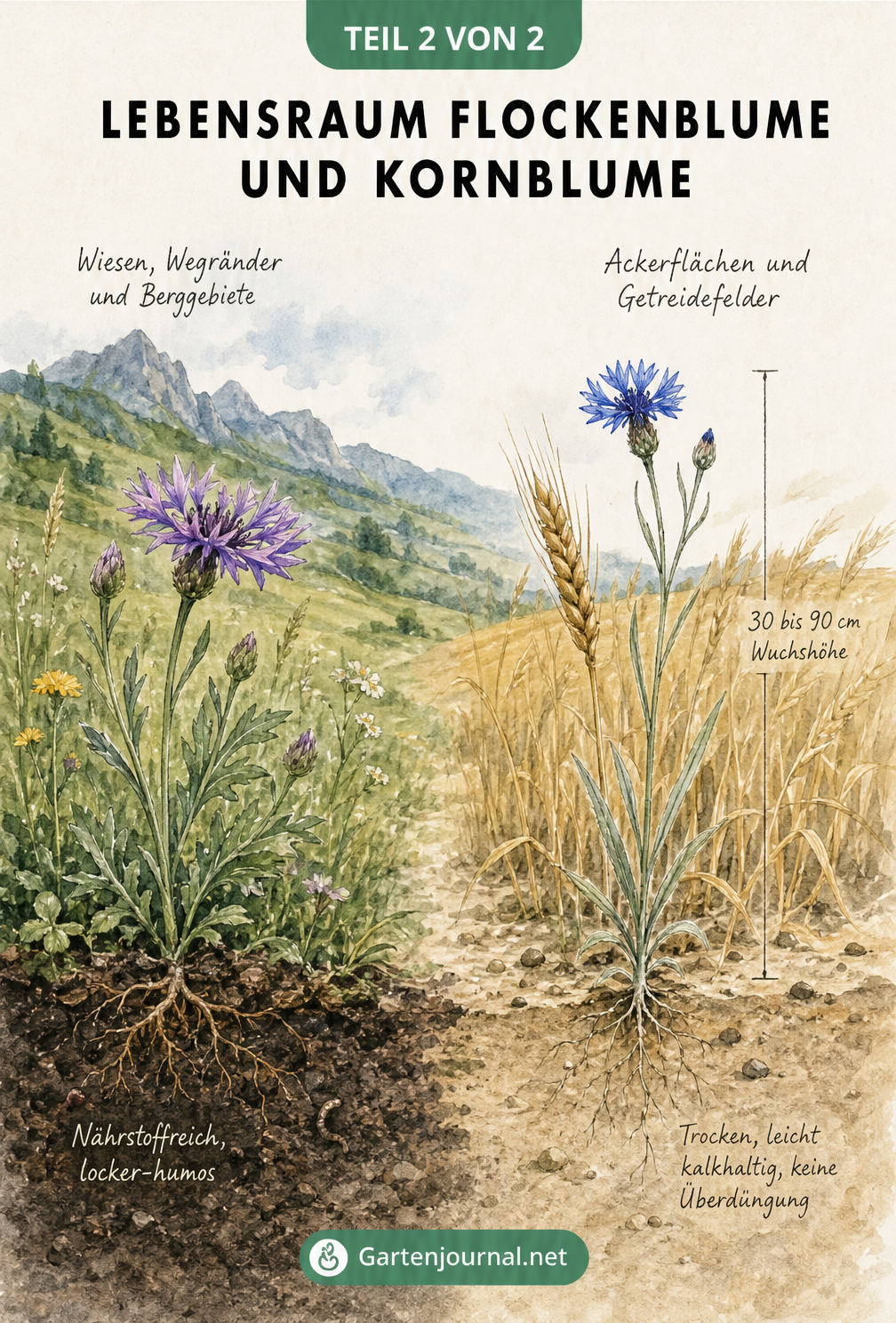 Querschnitt der Lebensräume von Flockenblume auf der Wiese und Kornblume am Getreidefeld