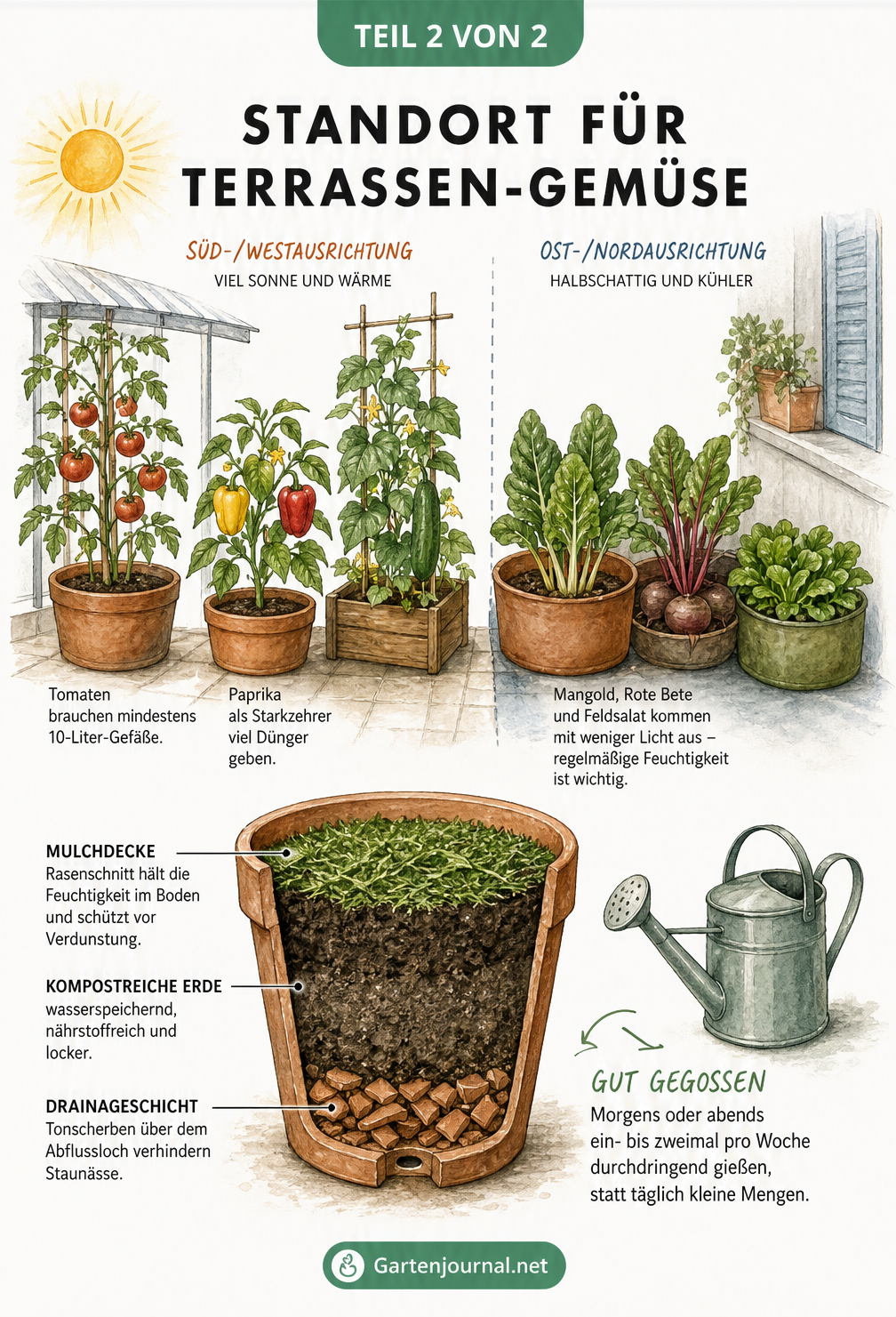 Illustration von Gemüsepflanzen an sonnigen und halbschattigen Standorten sowie Querschnitt eines Pflanzkübels