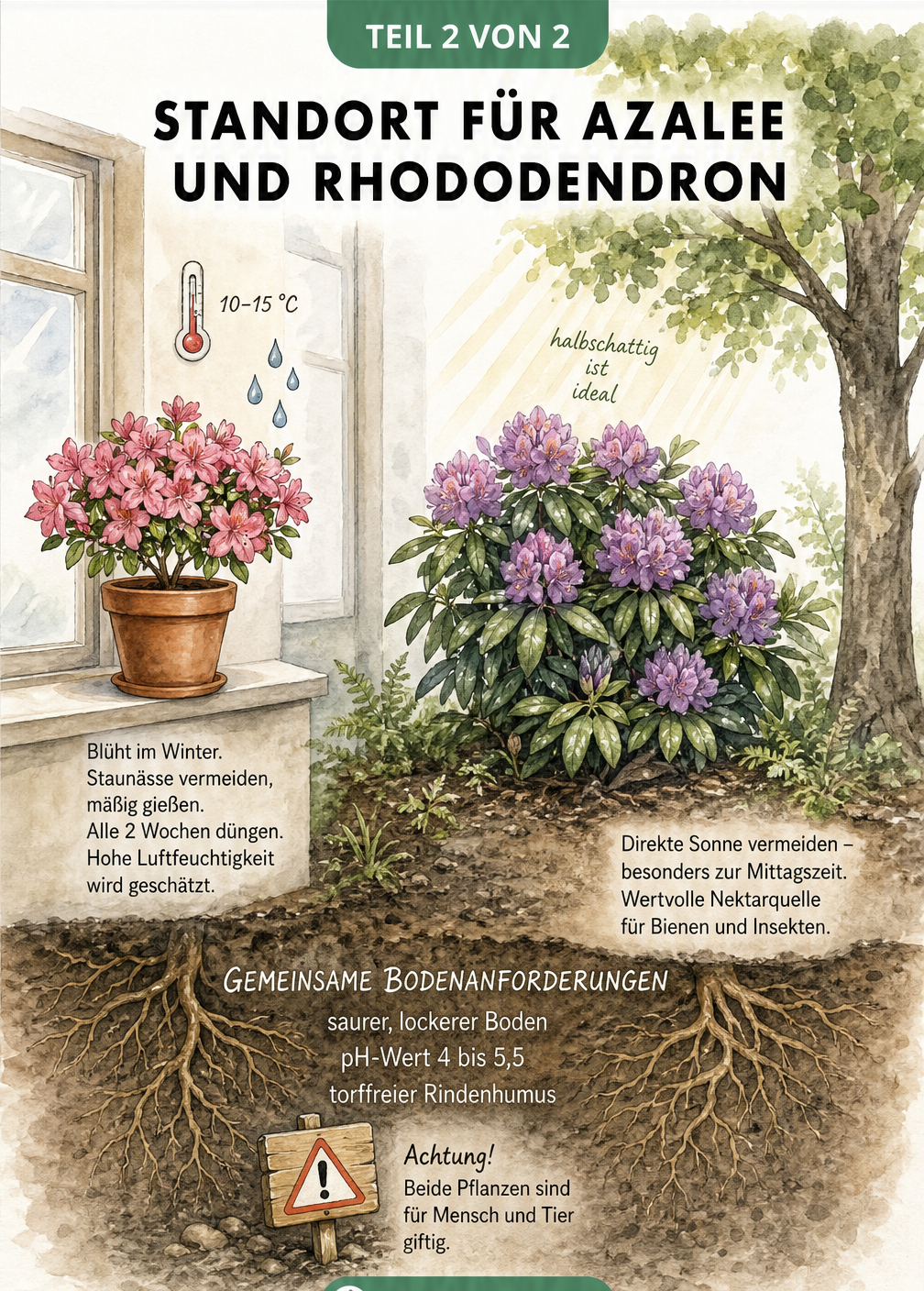 Querschnitt-Illustration zum idealen Standort für Zimmerazaleen und Freiland-Rhododendren
