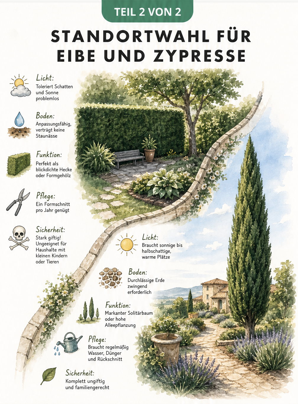 Gartenplan mit schattigem Bereich für Eiben und sonnigem Bereich für Zypressen inklusive Pflegehinweisen