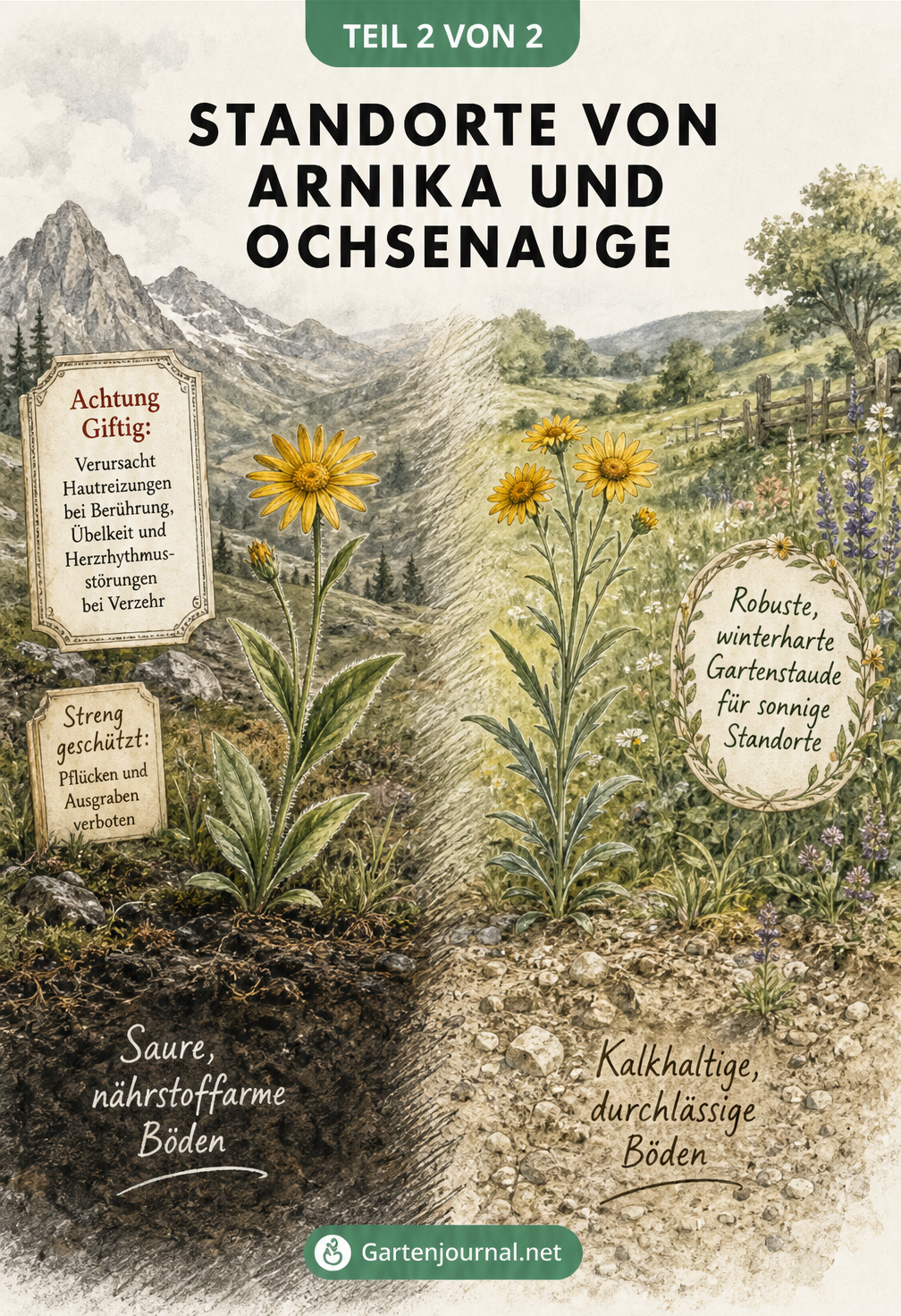 Illustration der unterschiedlichen Standorte von Arnika in sauren Gebirgsböden und Ochsenauge in kalkhaltigen Gärten
