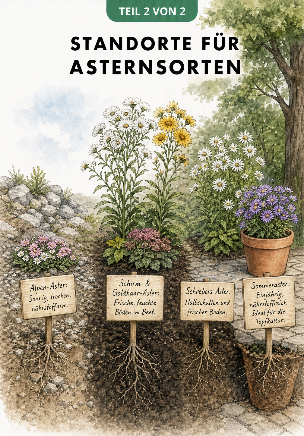 Querschnitt-Ansicht verschiedener Gartenstandorte für Astern von Steingarten bis Halbschatten