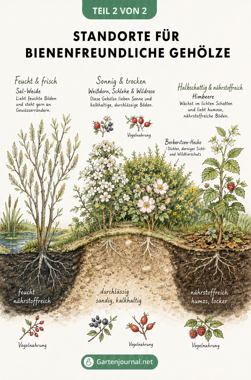 Handkolorierte Tuschezeichnung einer Gartenlandschaft im Querschnitt, die Boden- und Lichtansprüche bienenfreundlicher Gehölze zeigt.