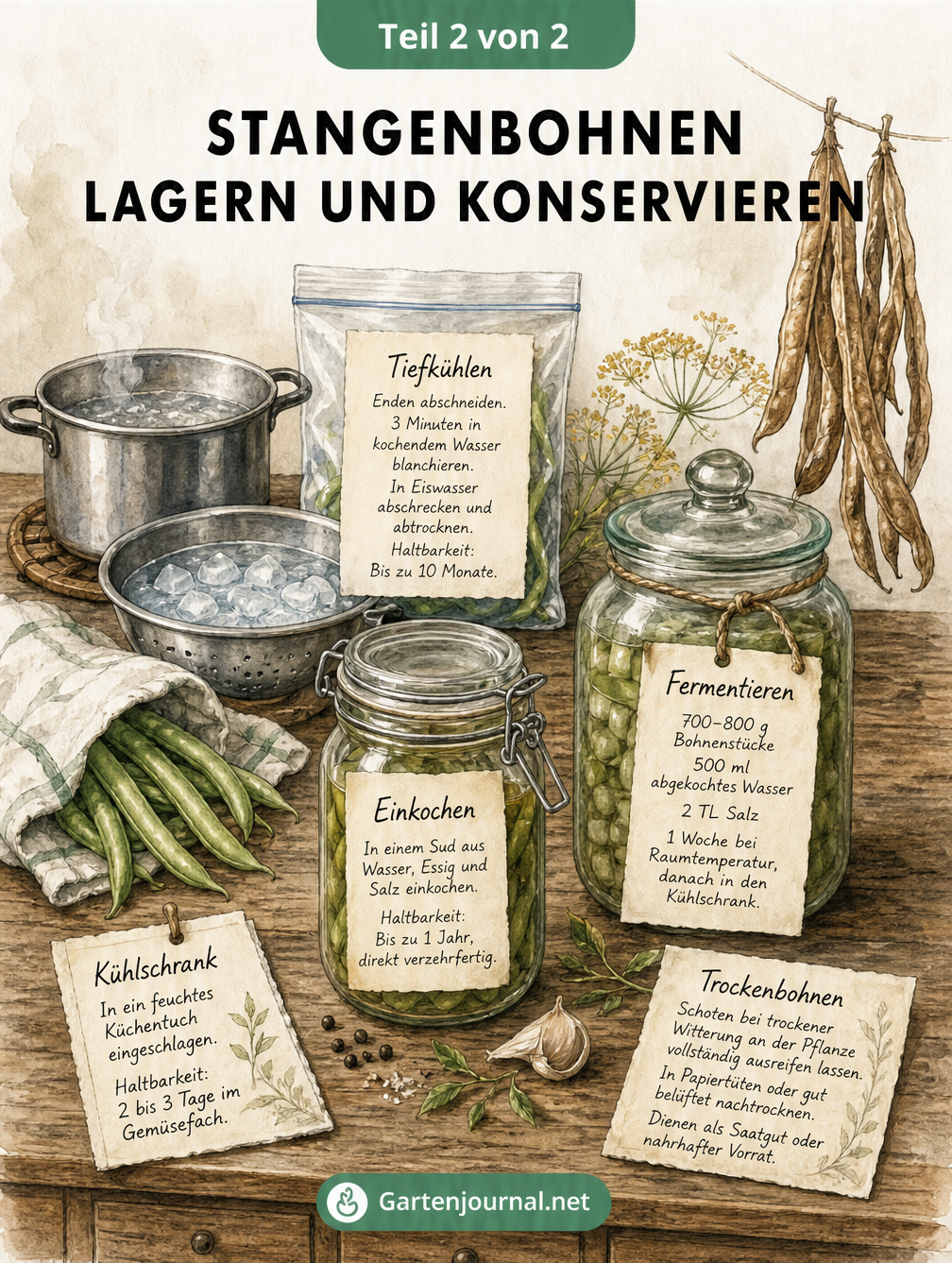Illustration verschiedener Konservierungsmethoden für Stangenbohnen wie Kühlschrank, Tiefkühlen, Einkochen, Fermentieren und Trocknen.