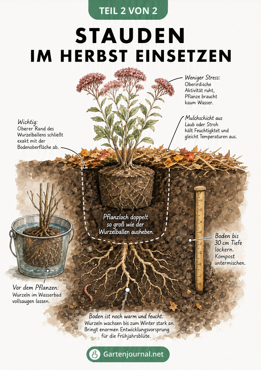 Handgezeichneter Erdquerschnitt zeigt den Pflanzvorgang einer Staude im Herbst mit Wurzelballen, Mulchschicht und Bodenlockerung