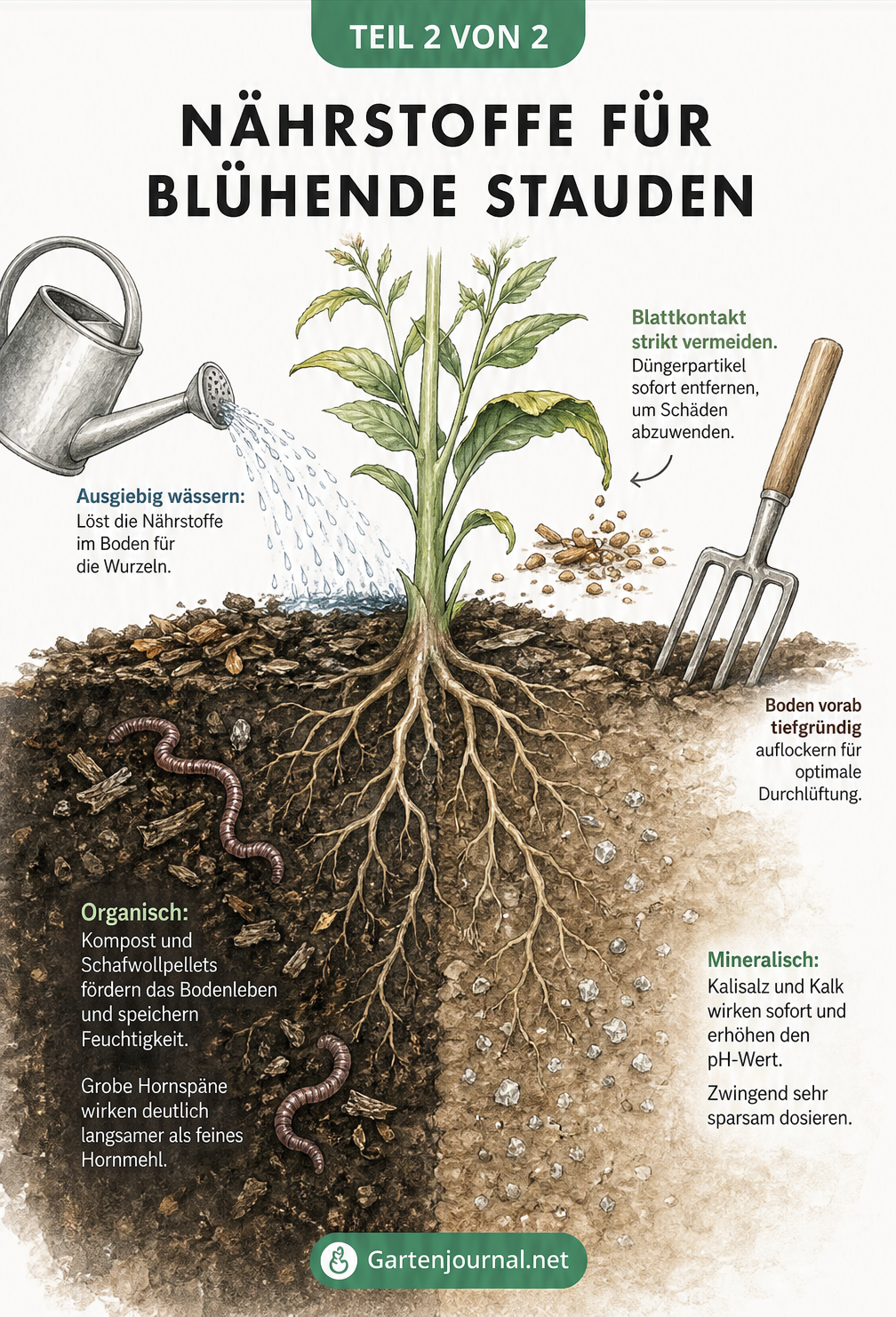 Querschnitt eines Gartenbeets mit Staude, Wurzeln und Erdschichten zur Erklärung von organischem und mineralischem Dünger