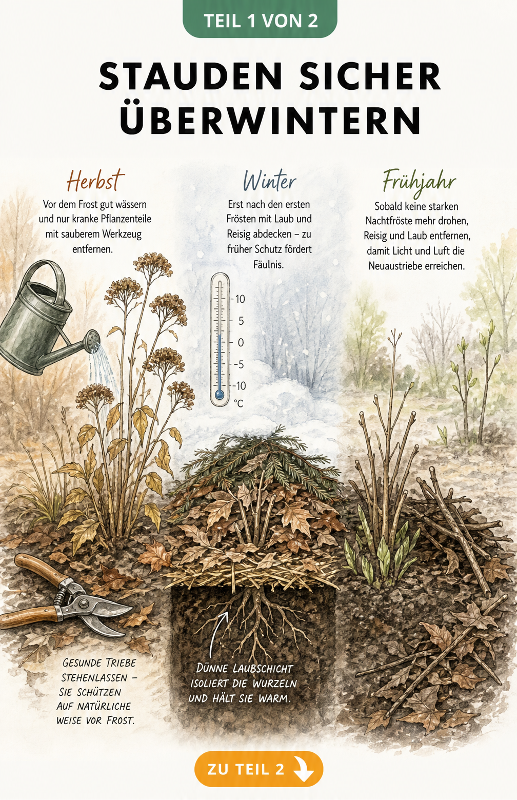 Illustration des zeitlichen Ablaufs vom Herbst bis zum Frühjahr im Gartenbeet mit Vorbereitung, Wintereinbruch und Frühjahrsaustrieb