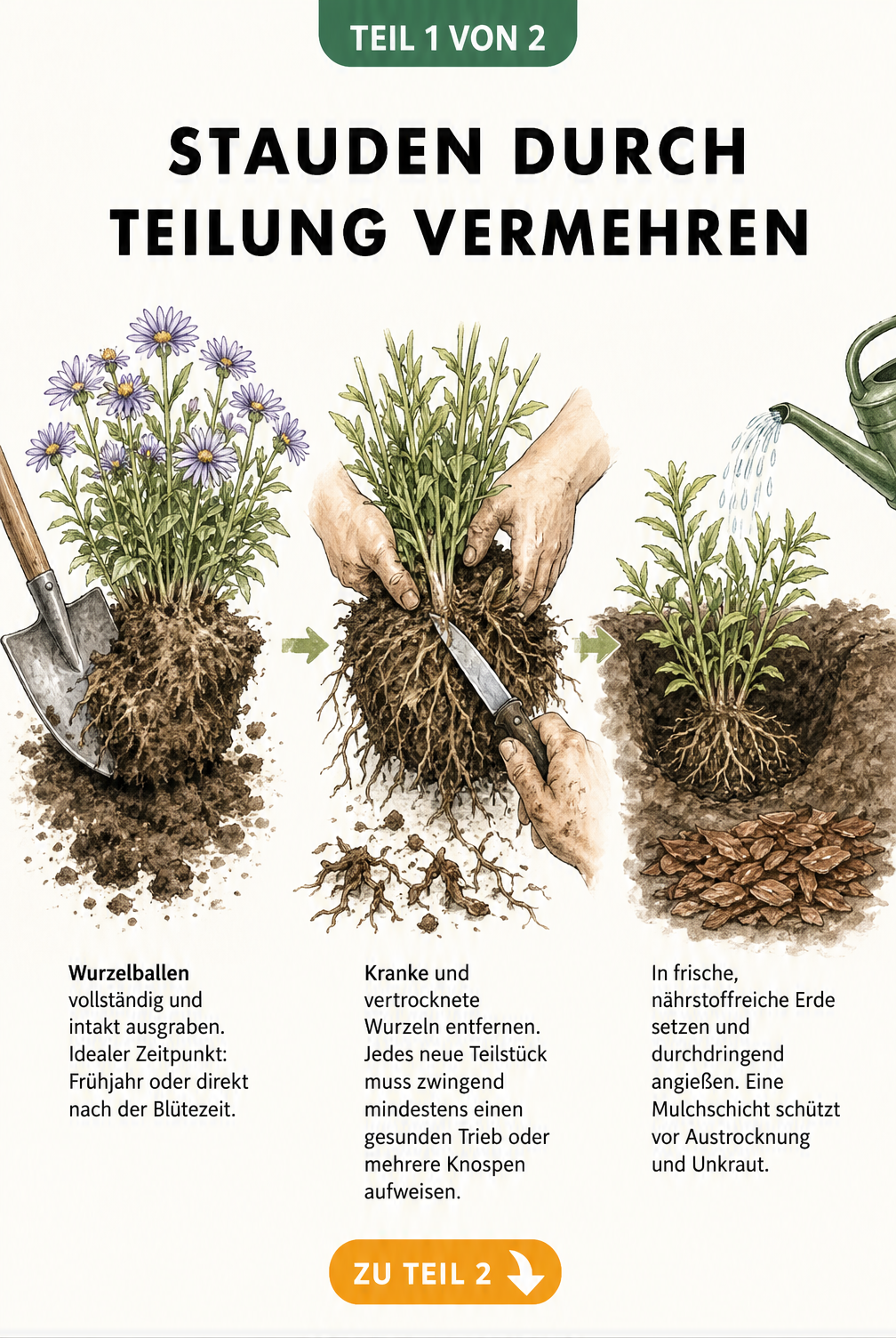 Illustration zur Vermehrung von Stauden durch Teilung: Ausgraben, Teilen des Wurzelballens und Einpflanzen des neuen Teilstücks.