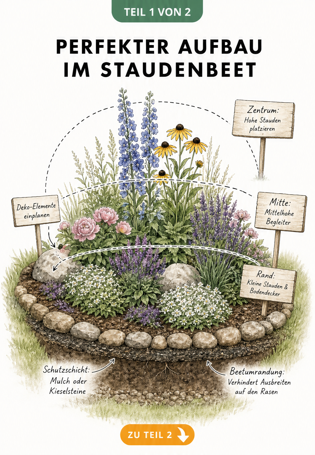 Querschnitt eines Staudenbeets mit Höhenstaffelung von hohen Stauden in der Mitte bis zu Bodendeckern am Rand