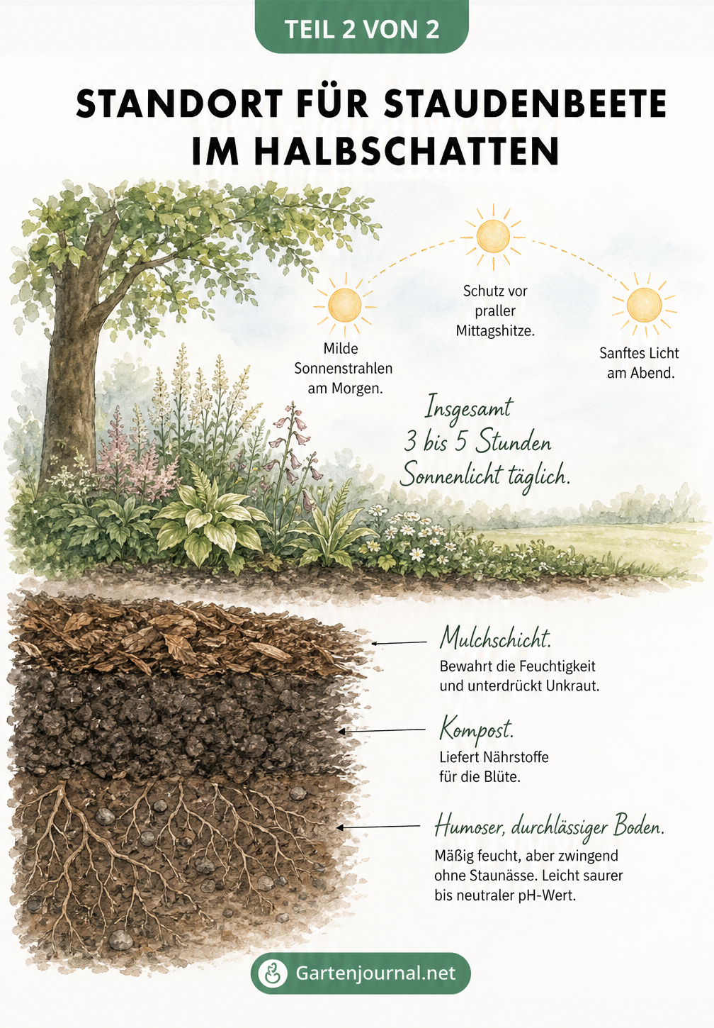 Illustration der idealen Standortbedingungen für ein Staudenbeet im Halbschatten mit Sonnenverlauf und Bodenprofil