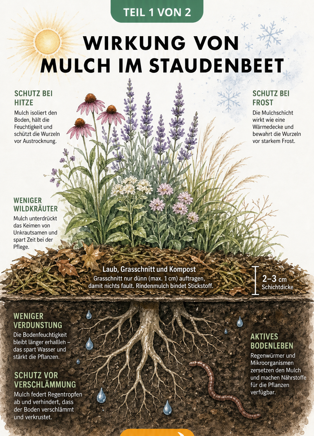 Querschnitt eines Staudenbeets mit Mulchschicht, die vor Hitze und Frost schützt und das Bodenleben fördert