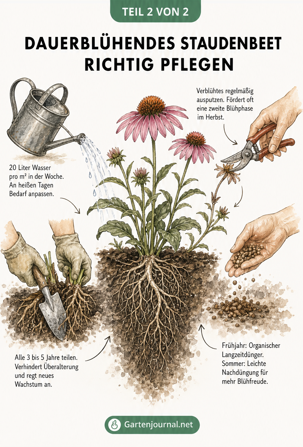 Illustration zur Pflege eines Staudenbeets mit Gießkanne, Gartenschere beim Ausputzen, Düngen und Teilen des Wurzelballens