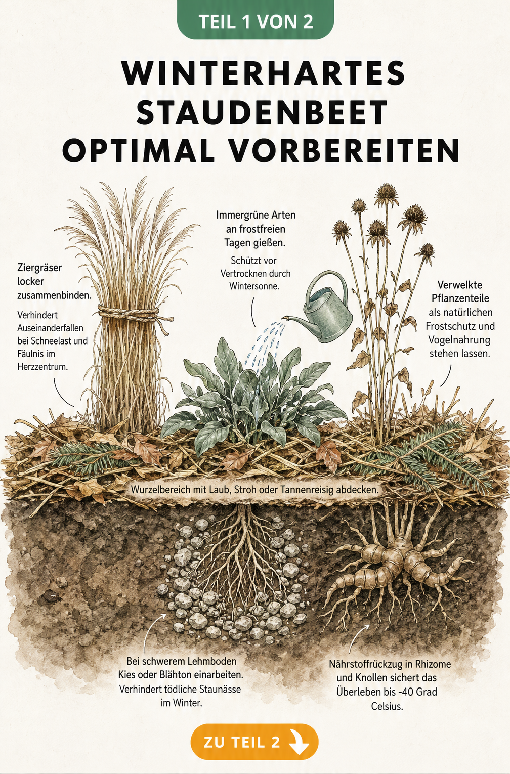 Querschnitt eines Staudenbeets im Herbst mit Ziergras, immergrüner Staude und verwelkten Samenständen sowie Wurzelwerk und Rhizomen im Erdreich