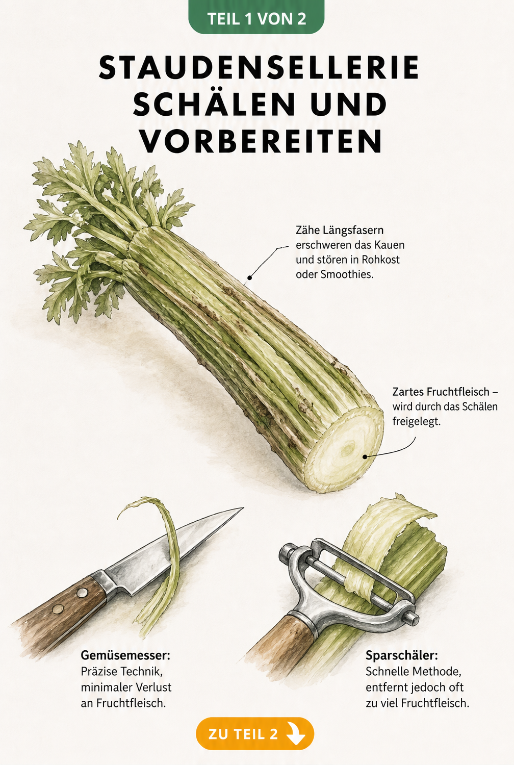 Illustration einer Staudenselleriestange mit Erklärung der zähen Längsfasern und Vergleich von Gemüsemesser und Sparschäler