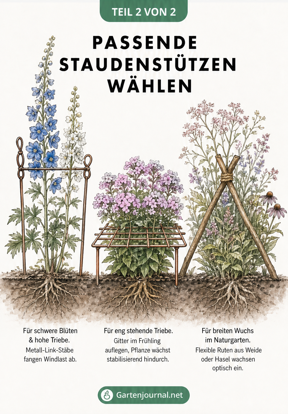 Drei verschiedene Staudenstützen im Vergleich: Metall-Link-Stäbe für Rittersporn, Staudenstützgitter für Phlox und eine DIY-Konstruktion aus Haselnuss-Ästen.