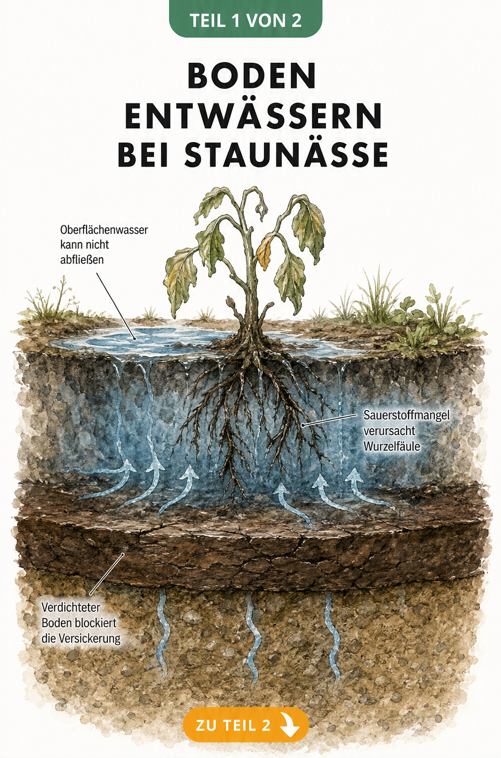 Querschnitt eines verdichteten Lehmbodens mit Staunässe und einer welkenden Pflanze mit fauligen Wurzeln