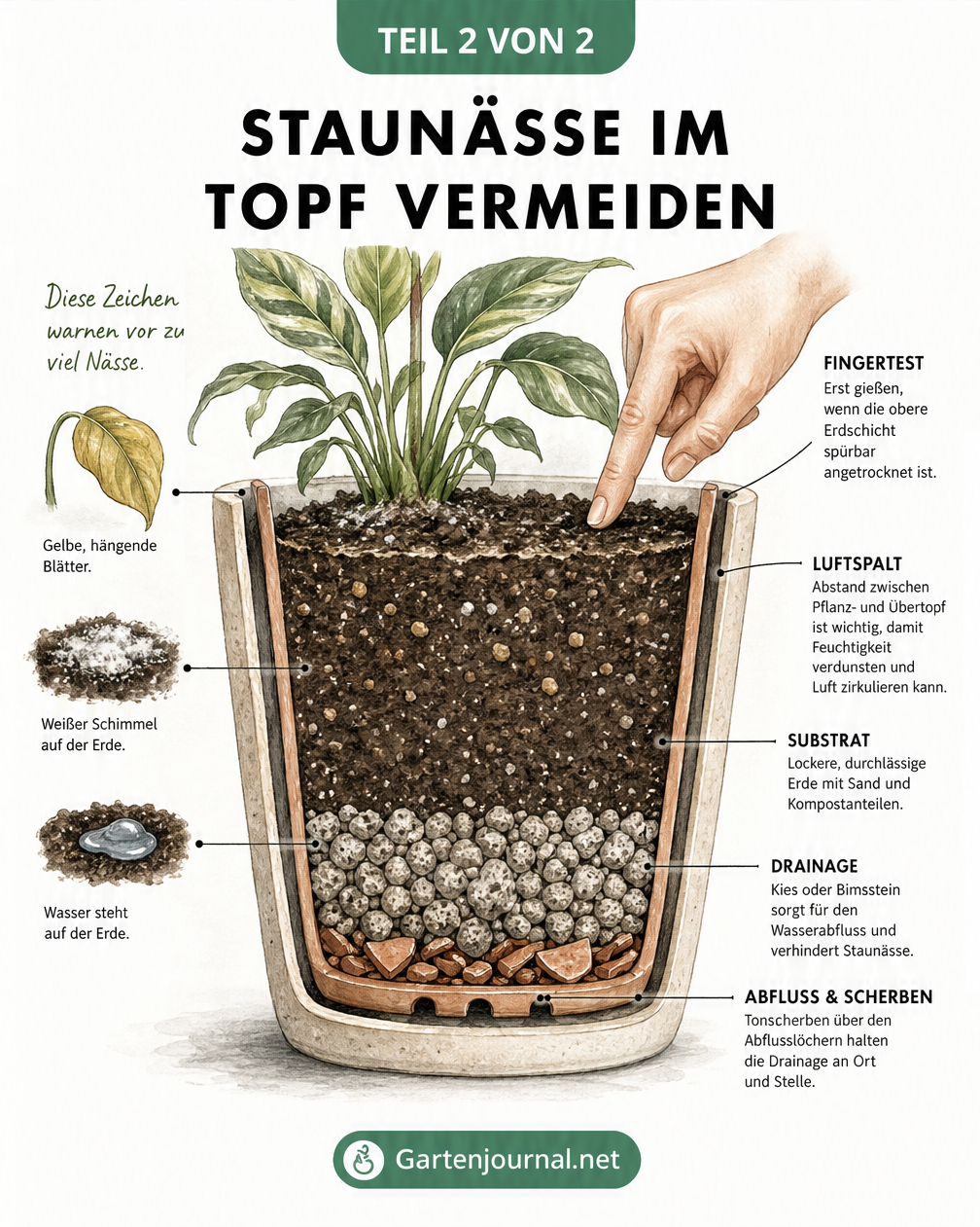 Querschnitt eines Blumentopfs mit Drainageschicht aus Kies, Tonscherben über dem Abflussloch und lockerem Substrat zur Vermeidung von Staunässe.