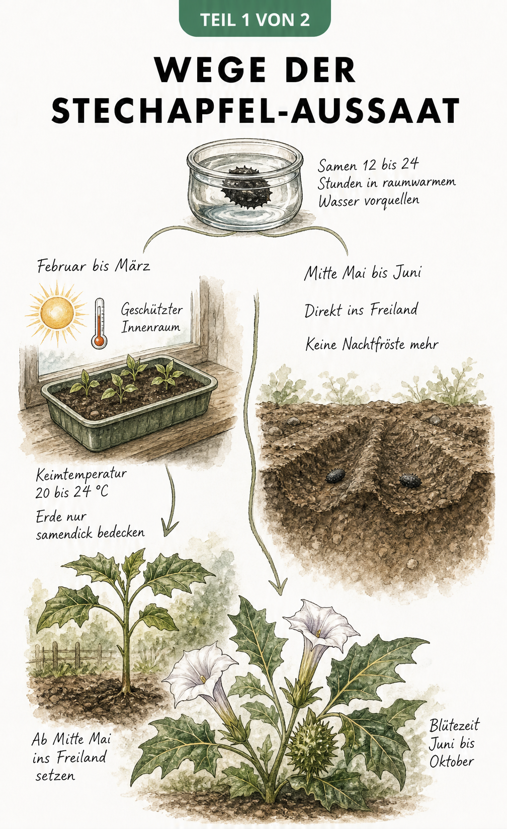 Illustration der Stechapfel-Aussaat: Voranzucht auf der Fensterbank und Direktsaat im Freiland