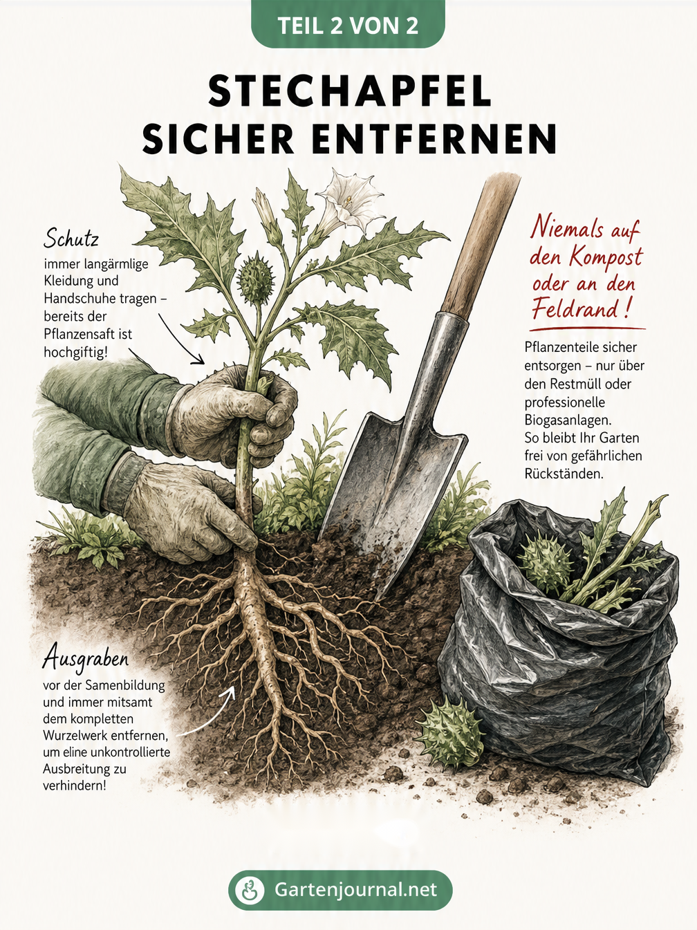 Illustration zur sicheren Entfernung und Entsorgung des Stechapfels im Garten
