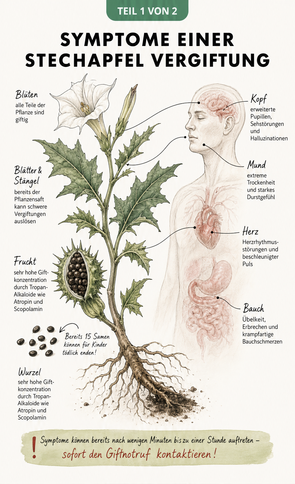 Botanische Illustration des Gemeinen Stechapfels mit Symptomen einer Vergiftung am menschlichen Körper