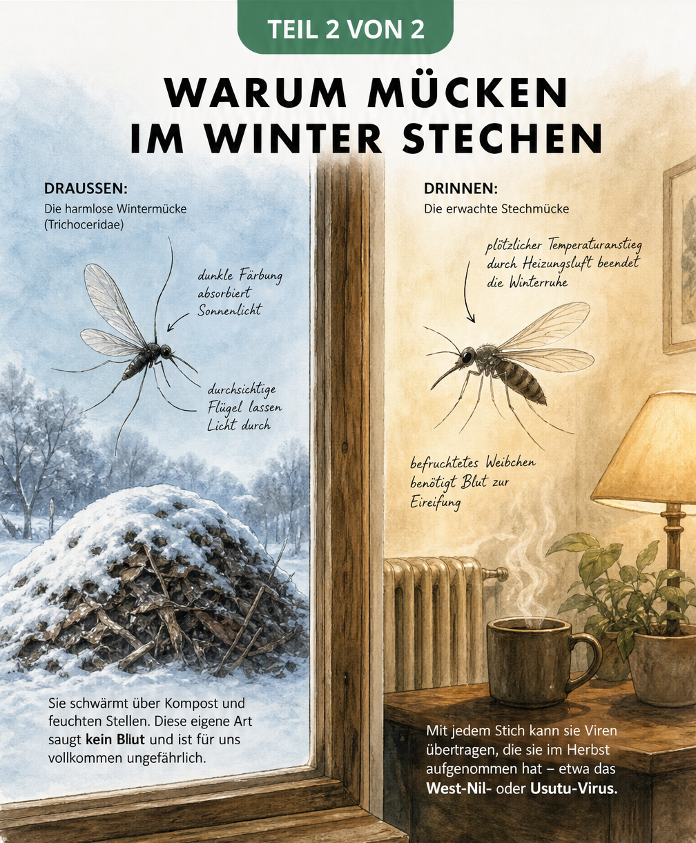 Illustration einer harmlosen Wintermücke draußen und einer aktiven Stechmücke im beheizten Wohnraum