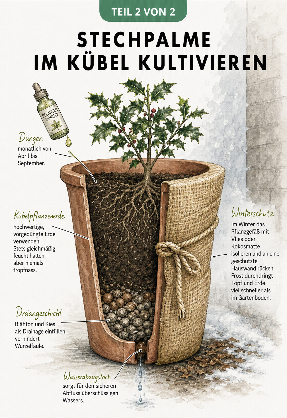 Schnittzeichnung eines Terrakotta-Pflanzkübels mit einer Stechpalme, die eine Drainageschicht aus Blähton, Kübelpflanzenerde und einen winterlichen Frostschutz...