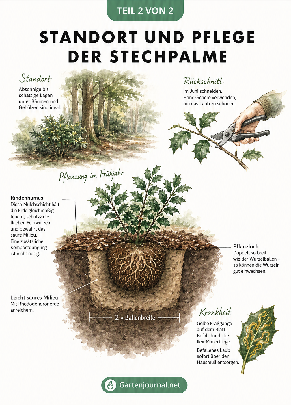 Schnittdarstellung zur Pflanzung der Stechpalme mit Wurzelballen, Rindenhumus-Schicht und Hinweisen zu Rückschnitt und Schädlingen