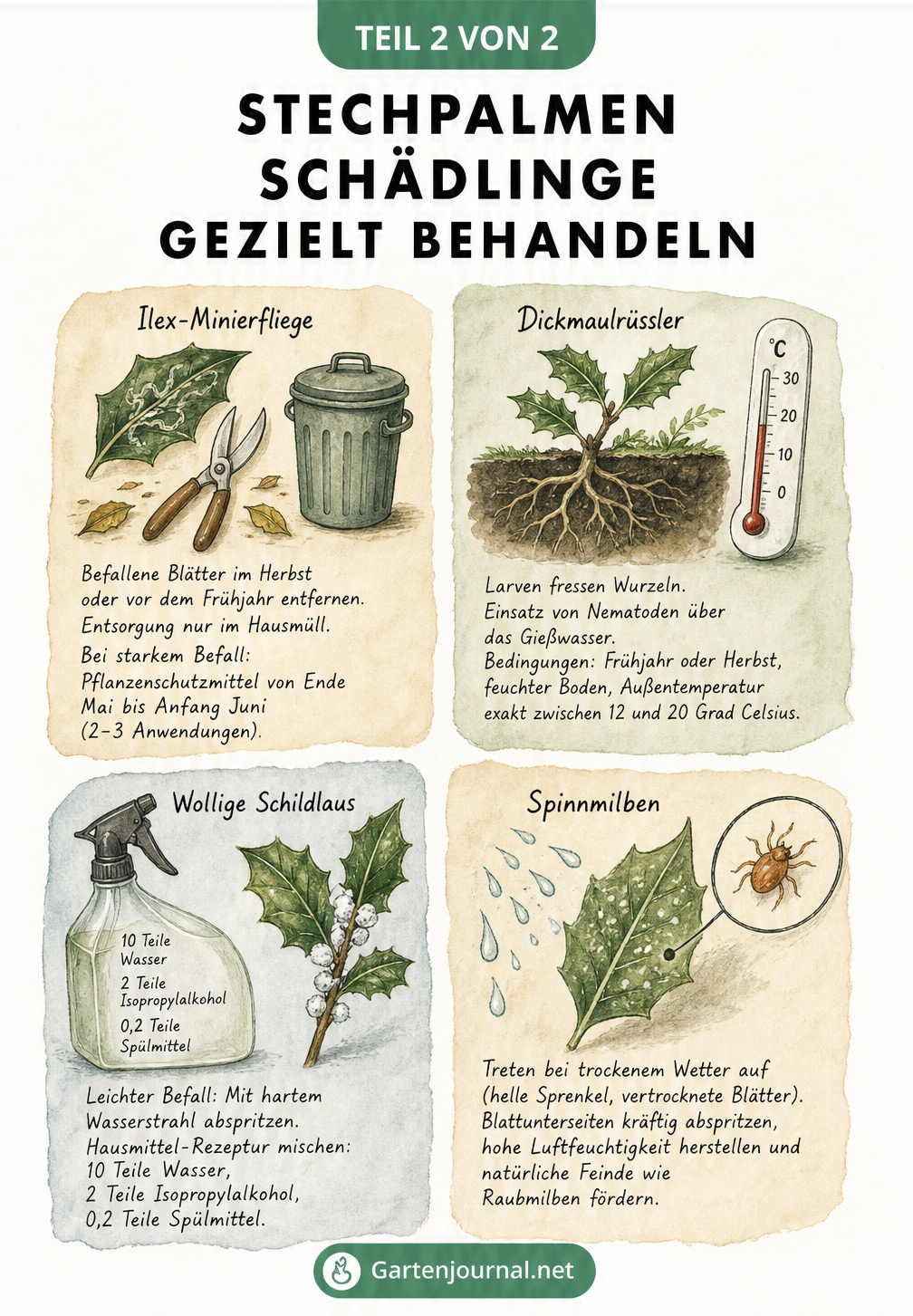 Illustration zur Behandlung von Stechpalmen-Schädlingen wie Ilex-Minierfliege, Dickmaulrüssler, Schildlaus und Spinnmilbe