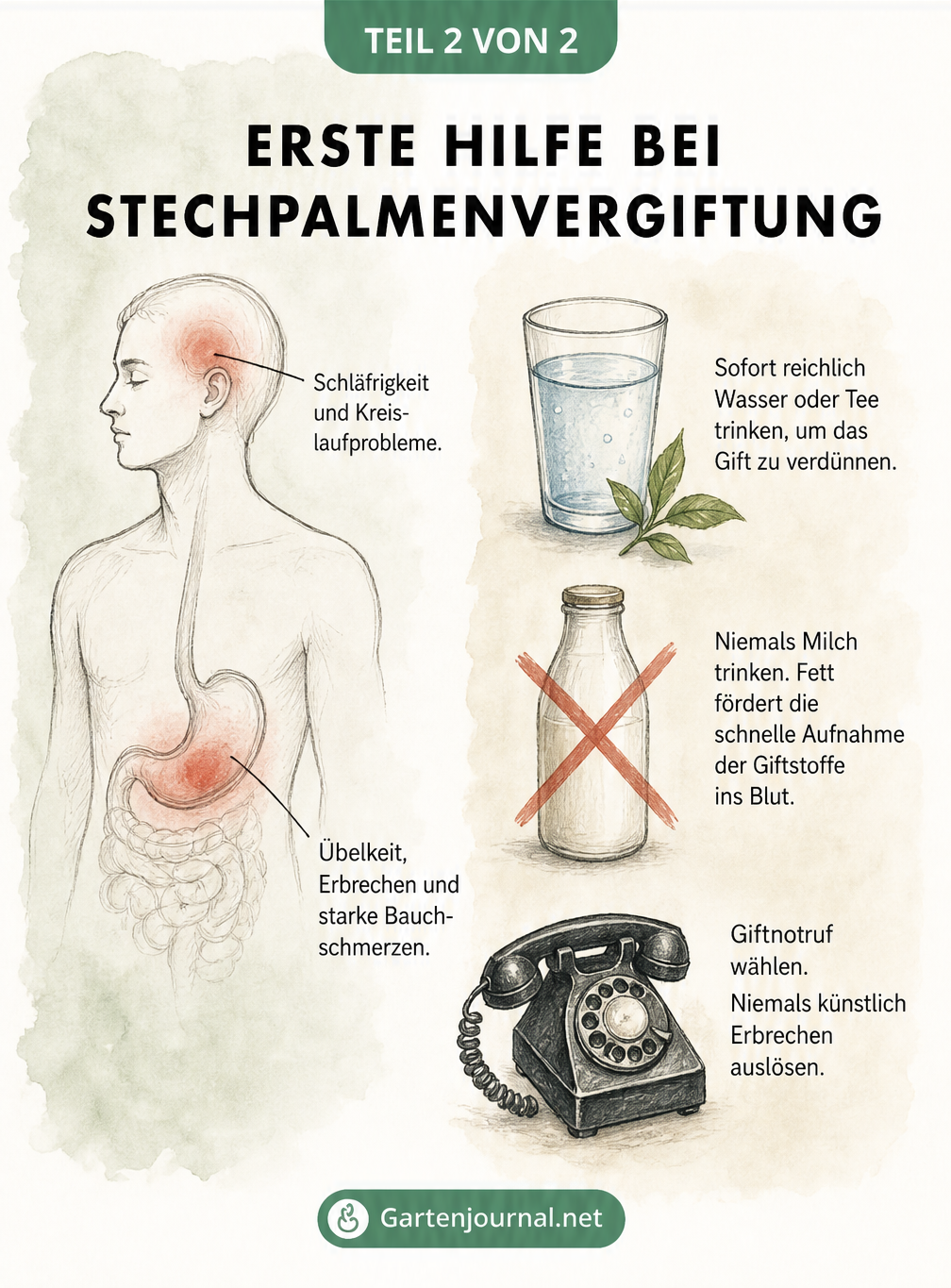 Illustration zur Ersten Hilfe bei Stechpalmenvergiftung mit Symptomen wie Übelkeit und Tipps wie Wasser trinken und Giftnotruf wählen.