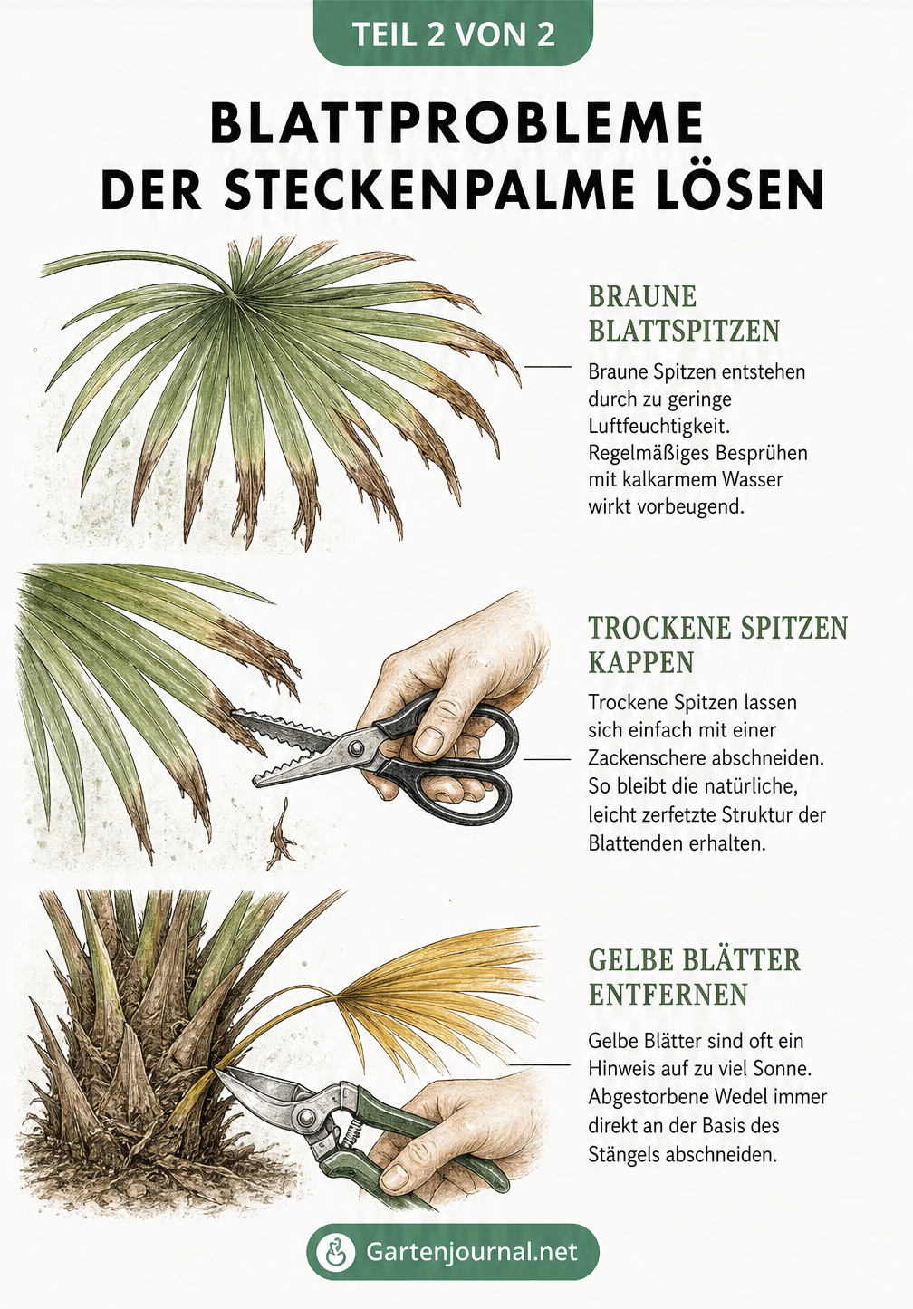 Zeichnung von Blattproblemen der Steckenpalme: braune Spitzen abschneiden und gelbe Blätter entfernen