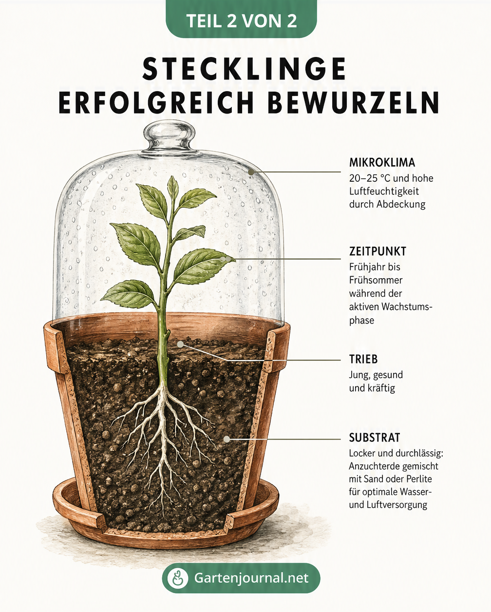 Querschnitt eines bepflanzten Terrakottatopfs mit einem Steckling unter einem Glasgefäß zur Veranschaulichung des idealen Mikroklimas.