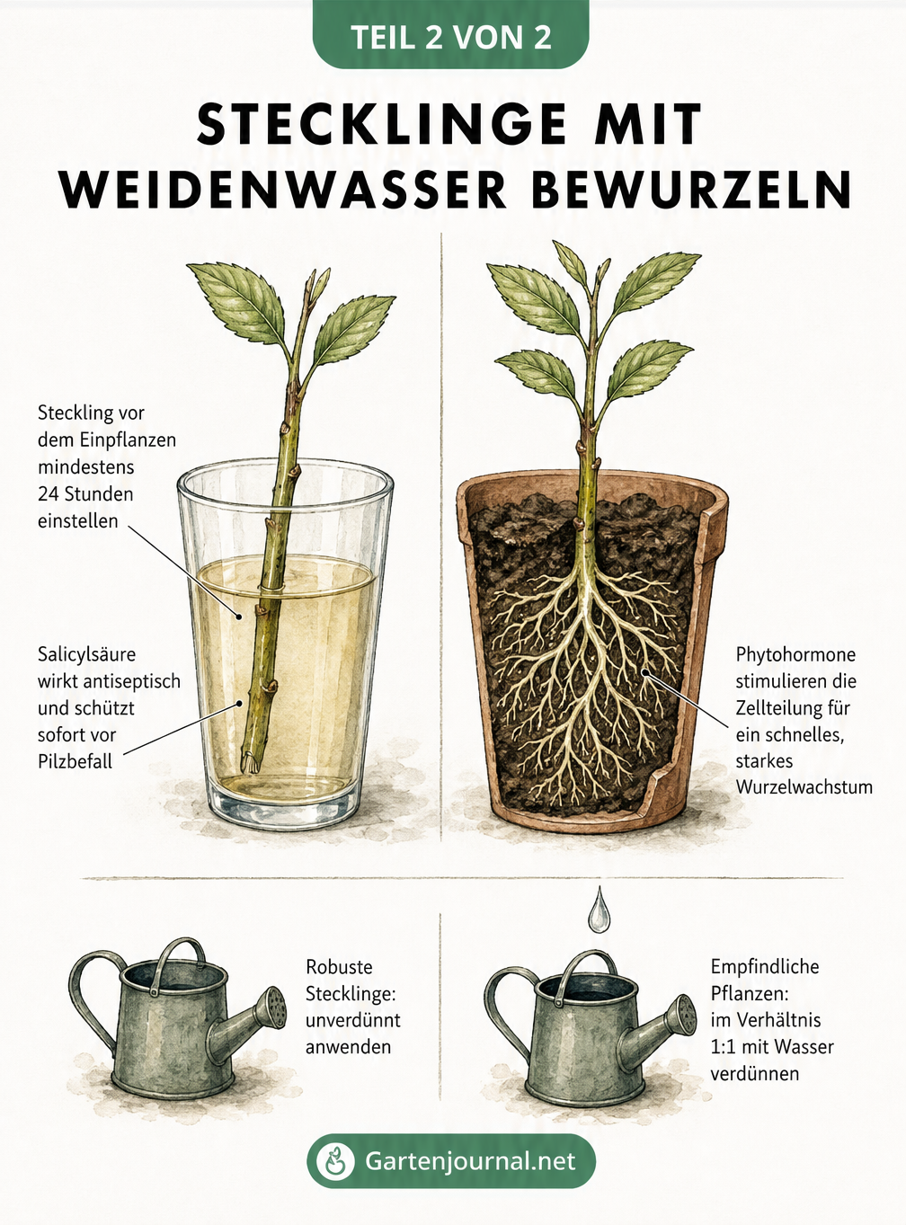 Schnittzeichnung eines Stecklings im Wasserglas und eingepflanzt mit kräftigen Wurzeln