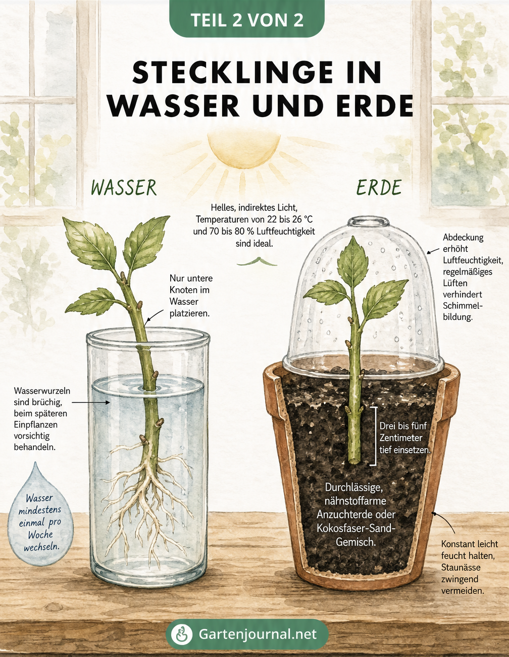 Gegenüberstellung der Bewurzelung von Stecklingen in einem Wasserglas und in einem Tontopf mit Erde unter einer Plastikhaube.