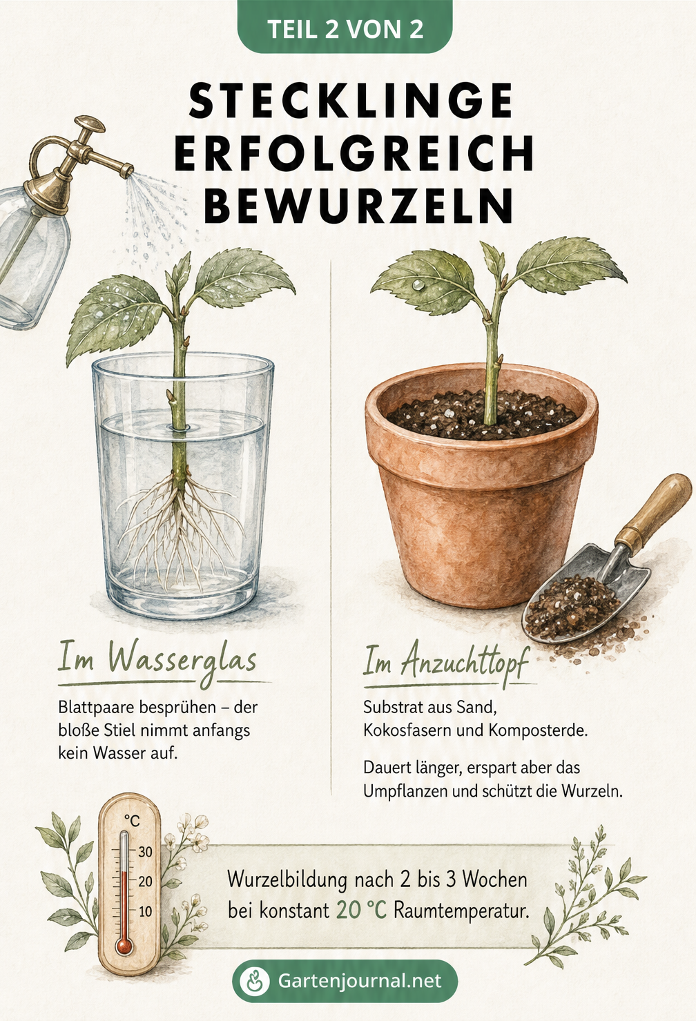 Aquarell-Illustration zur Bewurzelung von Stecklingen im Wasserglas und im Anzuchttopf