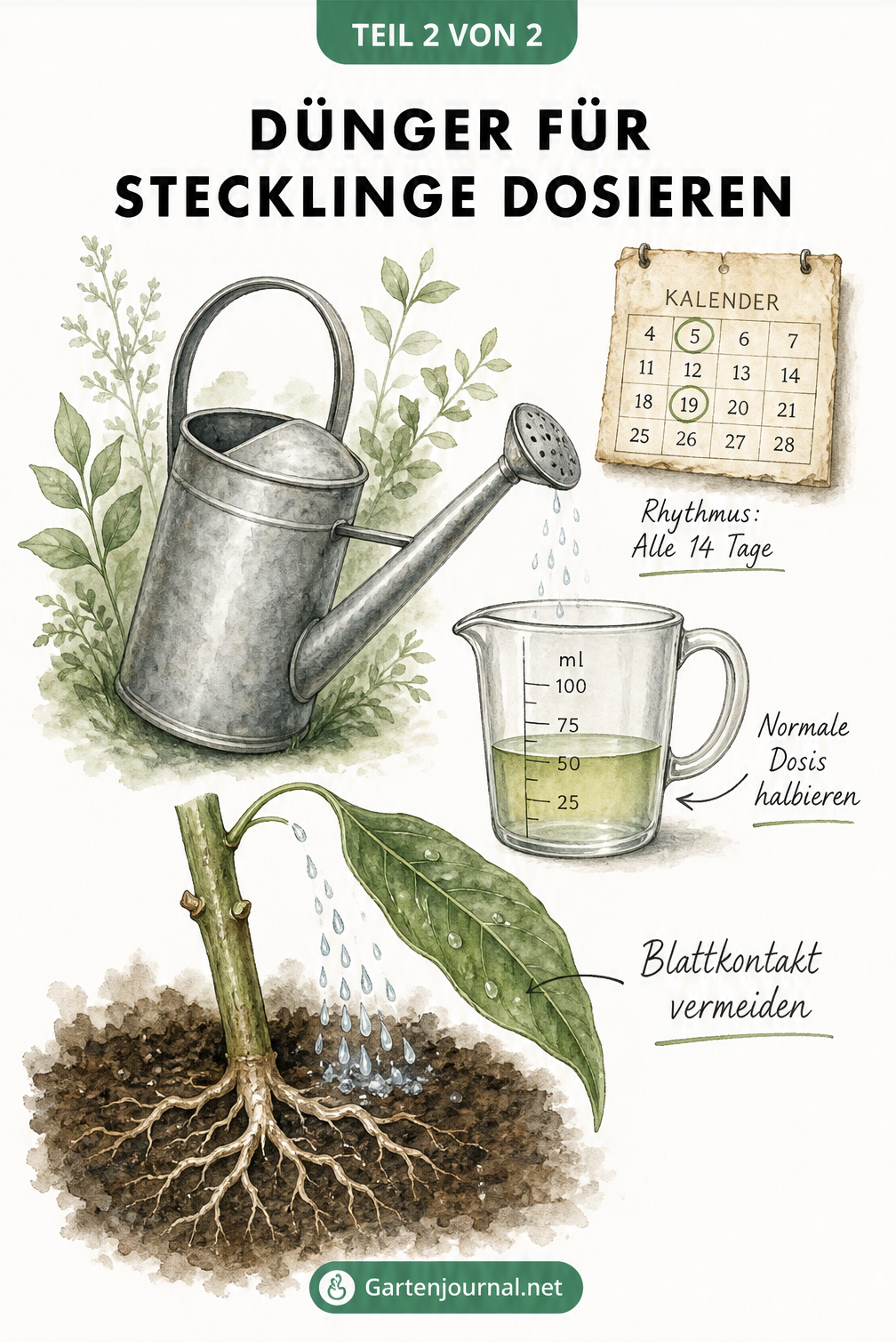 Illustration einer Gießkanne mit Messbecher, der die halbe Düngerdosis anzeigt, und einem Kalenderblatt für den 14-Tage-Rhythmus