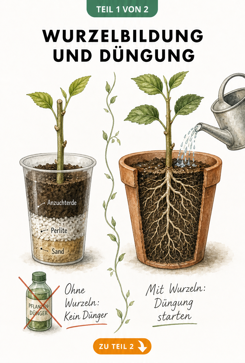 Illustration eines wurzellosen Stecklings in Anzuchterde ohne Dünger und eines bewurzelten Stecklings in Erde mit Gießkanne
