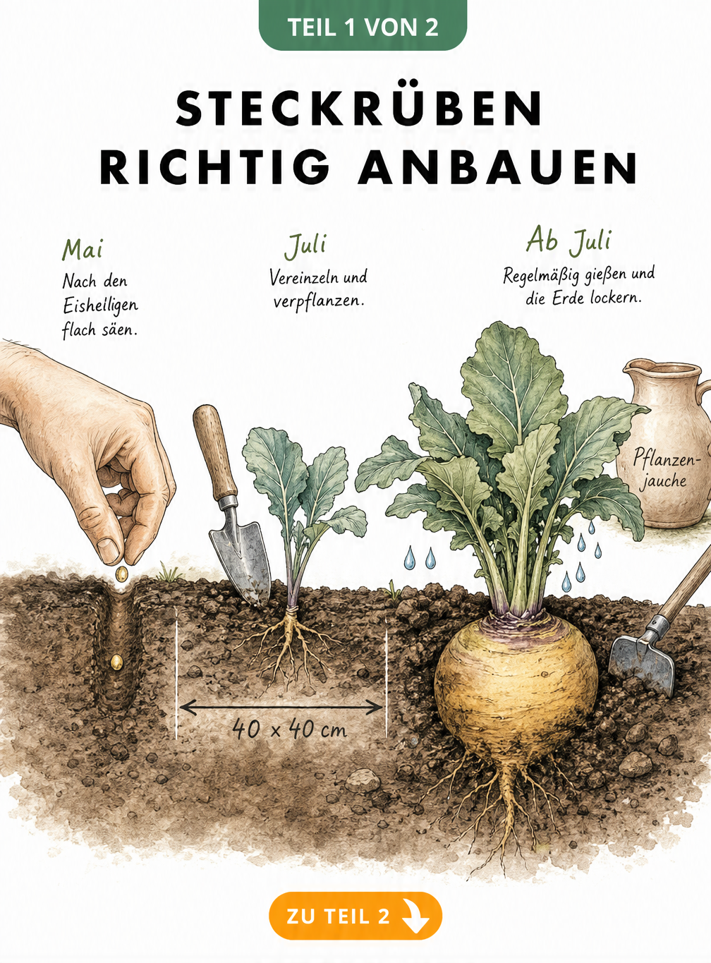 Botanische Illustration eines Gartenbeets mit Steckrüben im zeitlichen Verlauf von der Aussaat bis zur ausgewachsenen Knolle