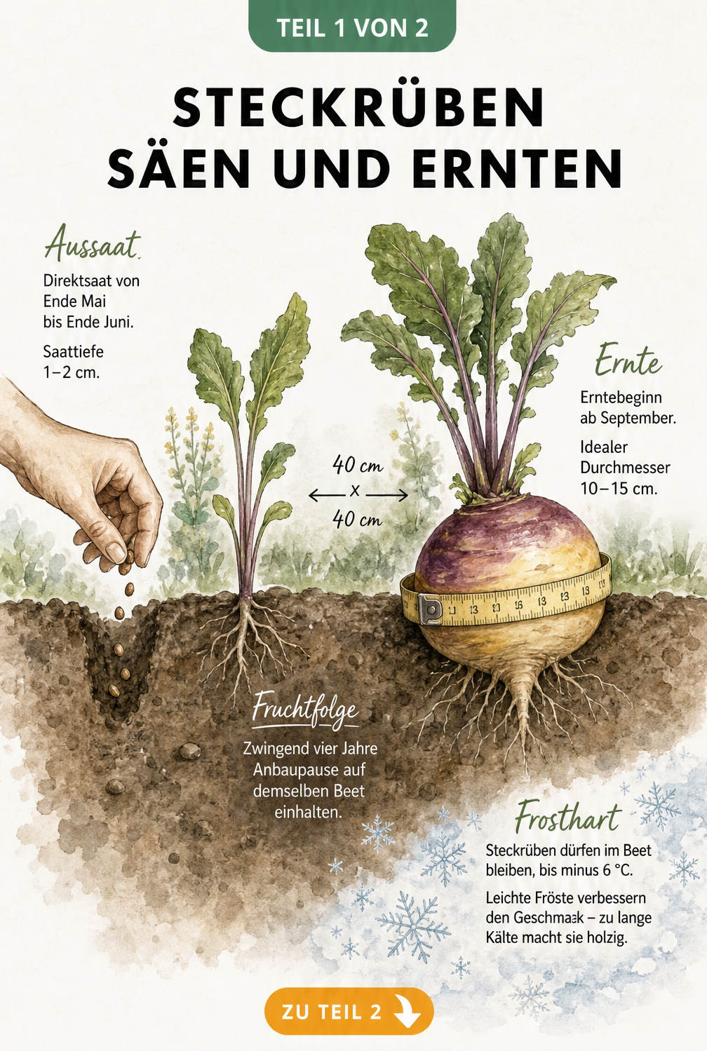 Querschnitt durch ein Beet mit Steckrüben von der Aussaat bis zur Ernte