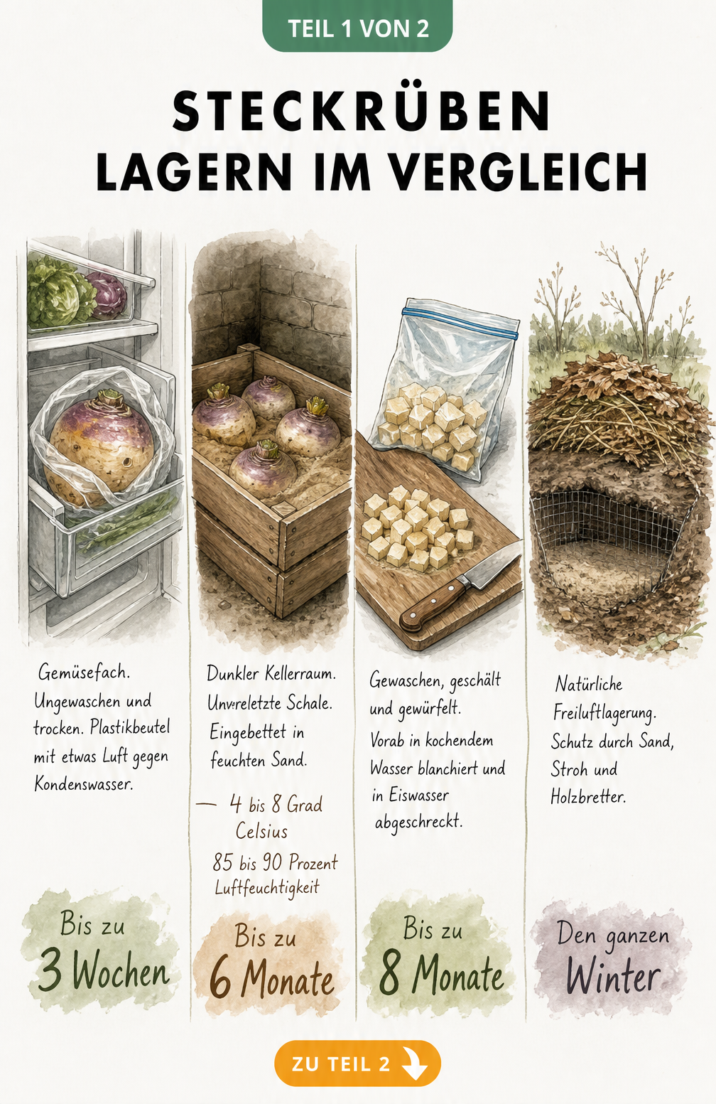 Illustration von vier Lagerorten für Steckrüben: Kühlschrank, Keller, Gefrierschrank und Erdmiete mit Haltbarkeitsangaben