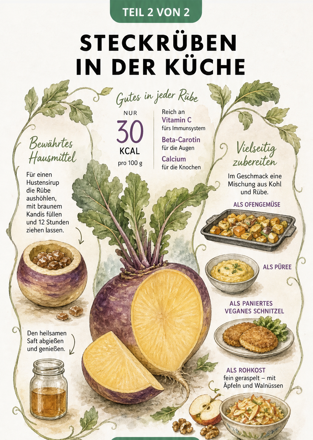Illustration einer aufgeschnittenen Steckrübe mit Nährwerten und Zubereitungsideen