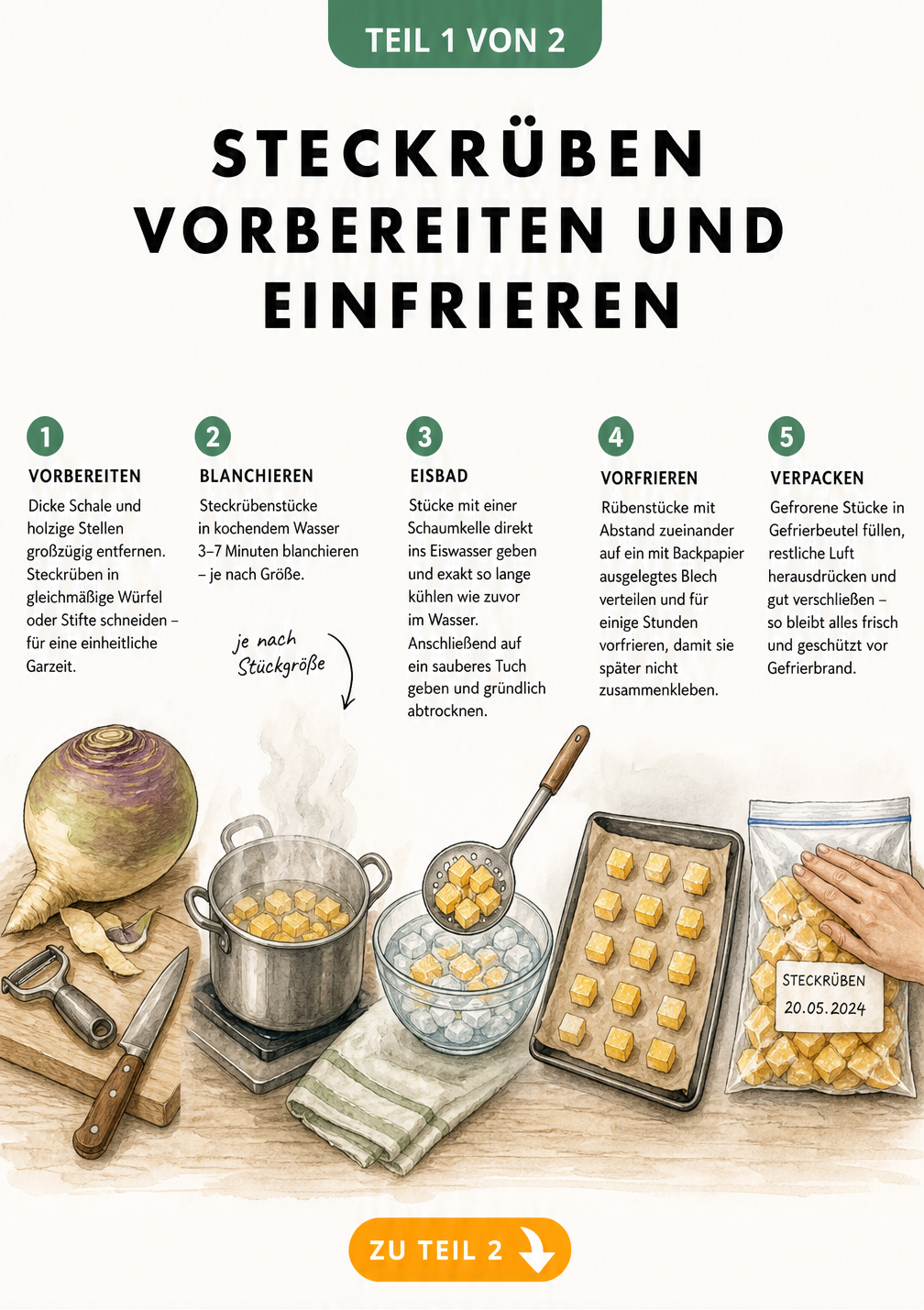 Illustration der fünf Schritte zum Vorbereiten und Einfrieren von Steckrüben: Schälen, Blanchieren, Eisbad, Vorfrieren und luftdichtes Verpacken.