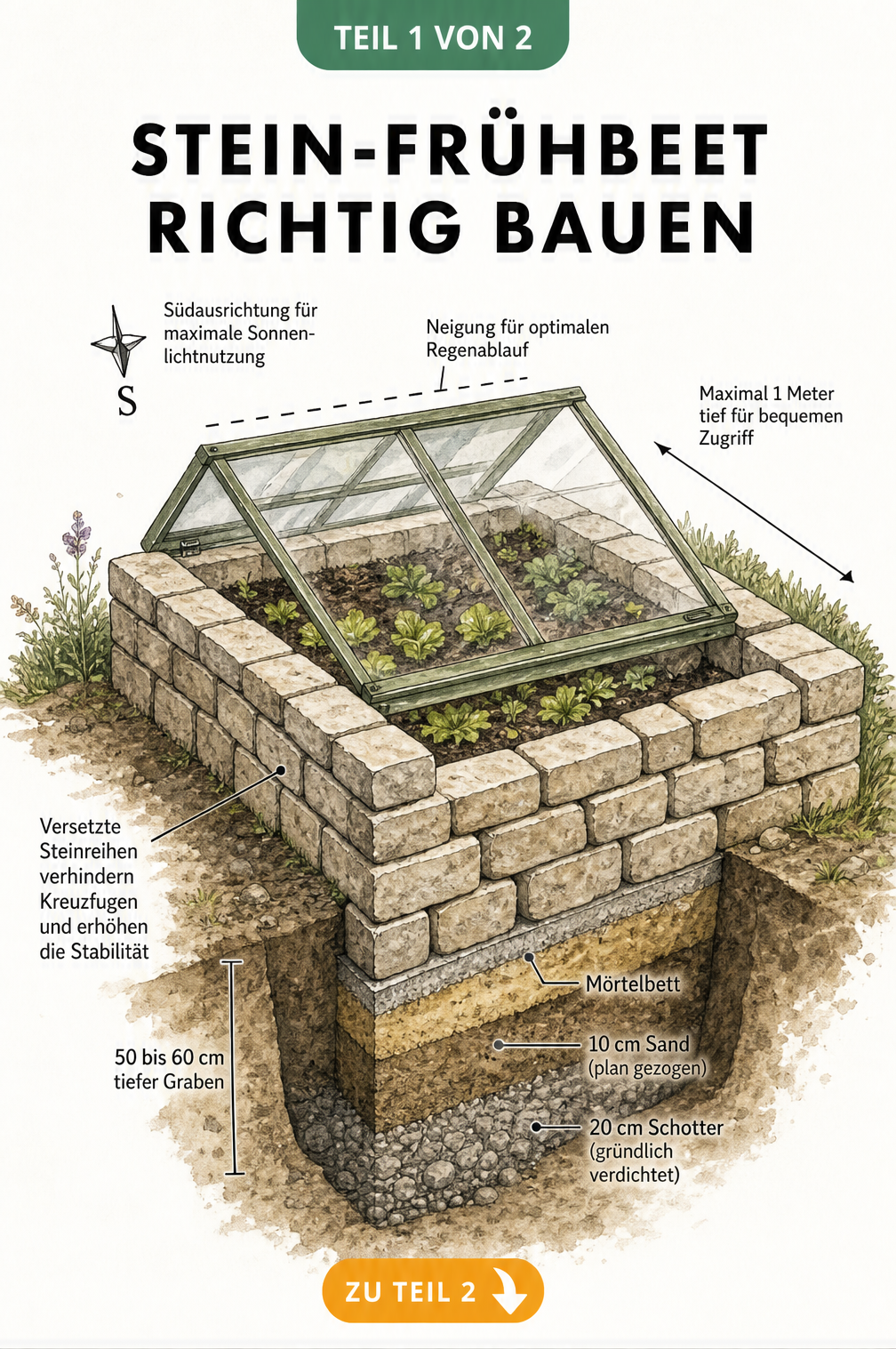 Isometrische Querschnitt-Illustration eines halbfertigen Stein-Frühbeets mit Fundament, Mörtelbett und Ausrichtung.