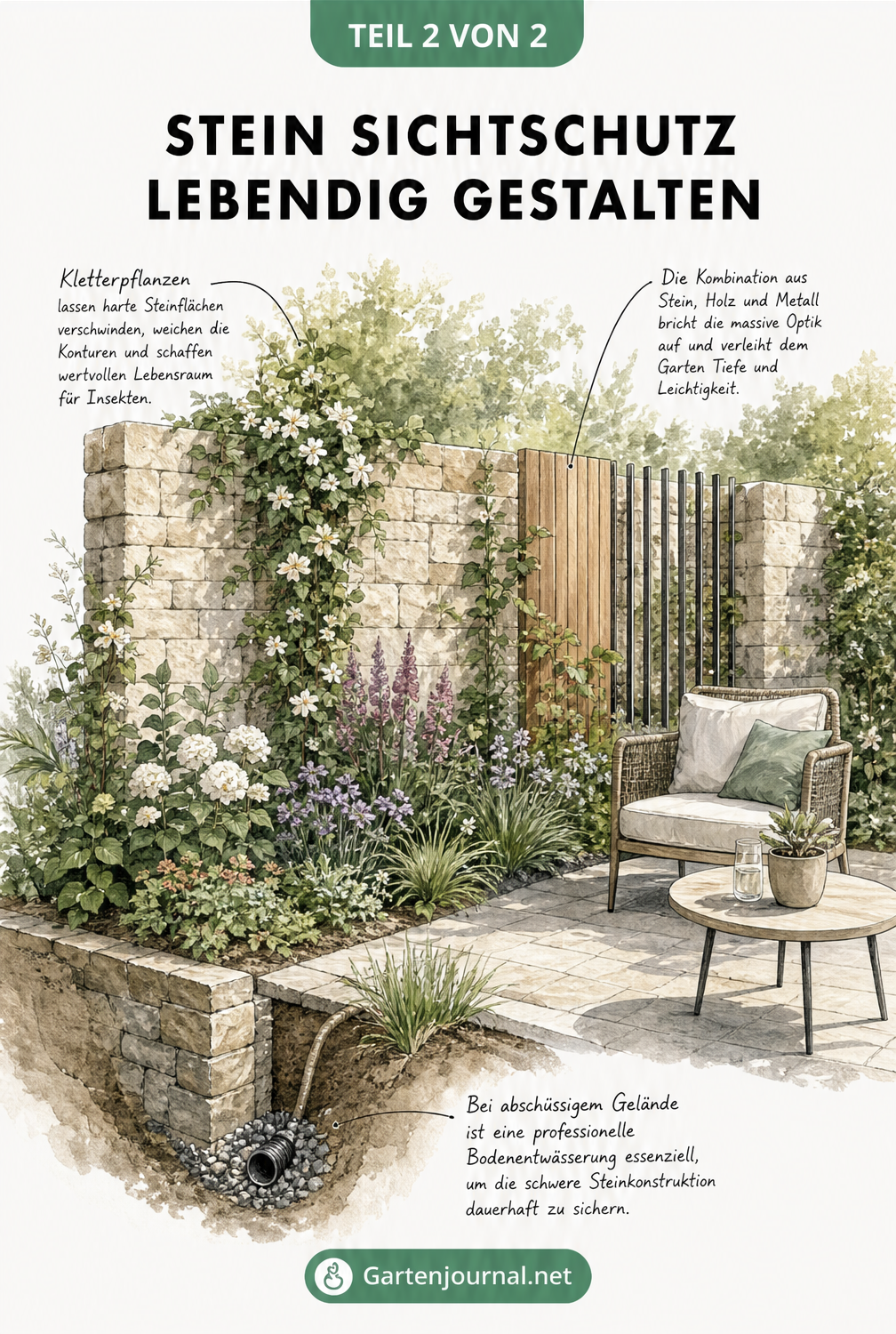 Botanische Illustration einer Terrassenecke mit Stein-Sichtschutz, kombiniert mit Holzelementen, Kletterpflanzen und einem angedeuteten Fundament.