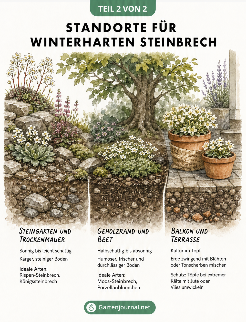 Gartenquerschnitt mit idealen Standorten für Steinbrech in Steingarten, Beet und Topf