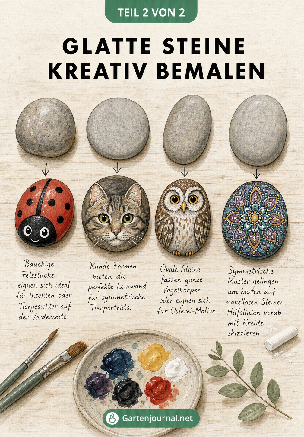 Vier verschiedene Steinformen und ihre passenden Motive: Marienkäfer, Katze, Eule und Mandala