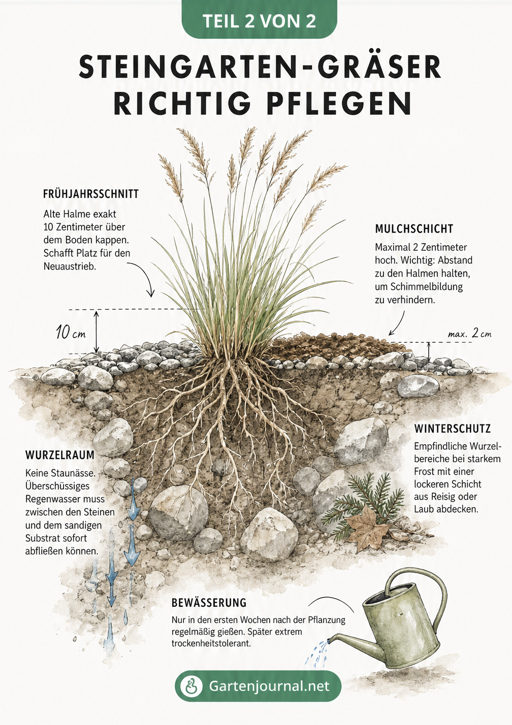Querschnitt-Zeichnung eines Steingarten-Grases mit Pflegehinweisen zu Rückschnitt, Mulch und Bewässerung