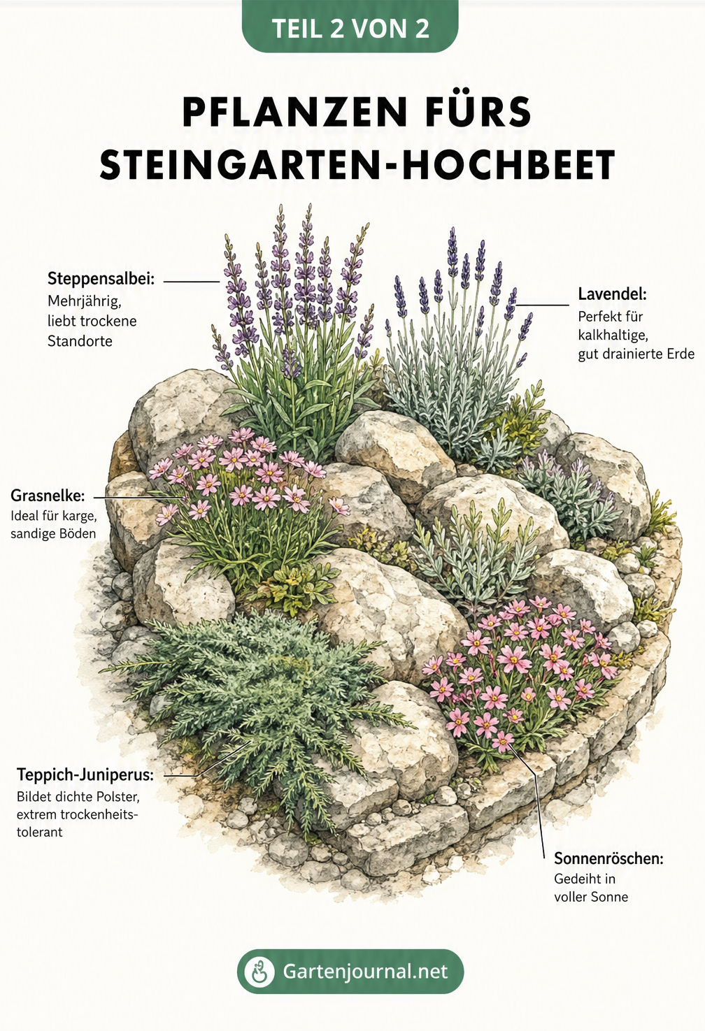 Botanische Illustration eines bepflanzten Steingarten-Hochbeets mit Teppich-Juniperus, Sonnenröschen, Grasnelke, Steppensalbei und Lavendel zwischen...