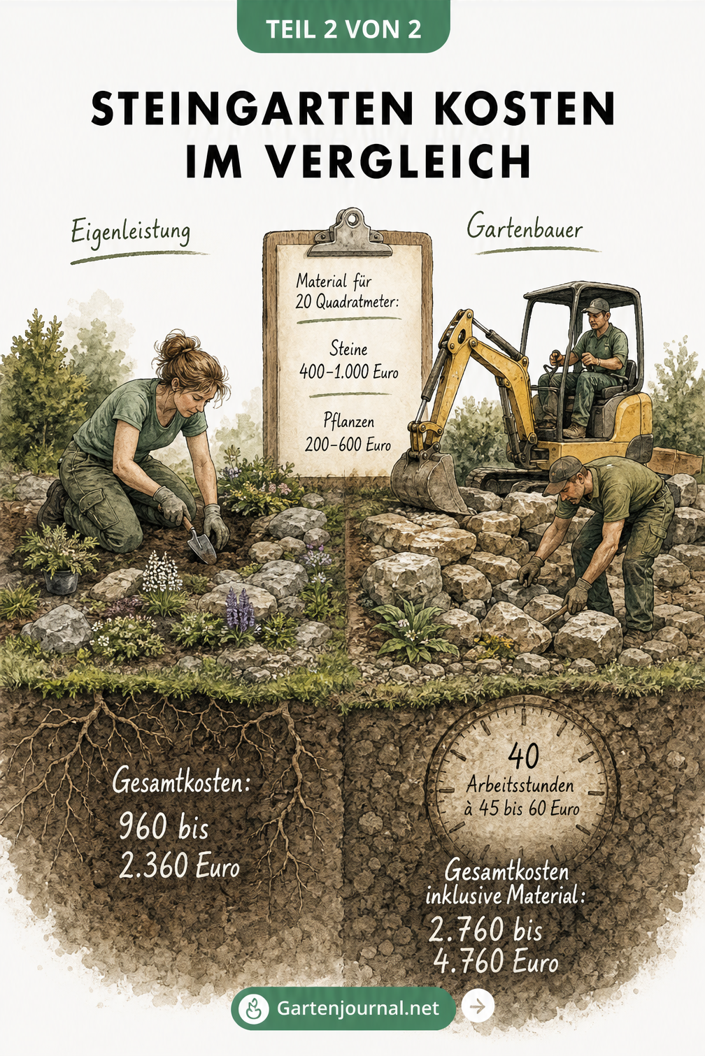 Vergleich der Kosten für einen Steingarten bei Eigenleistung und durch einen Gartenbauer