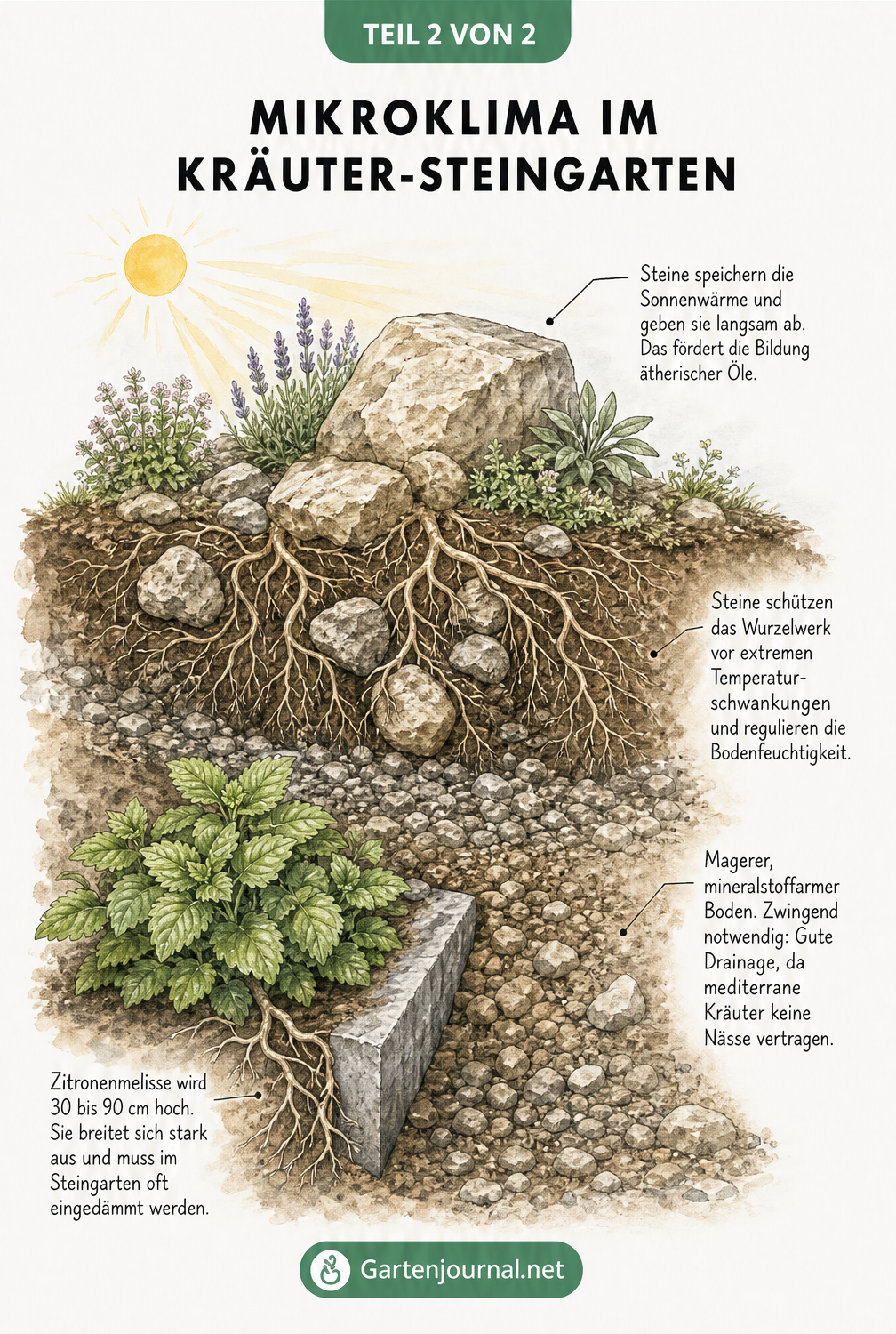 Querschnitt eines Kräuterhügels im Steingarten mit Wurzelwerk, Bodenschichten und Sonneneinstrahlung