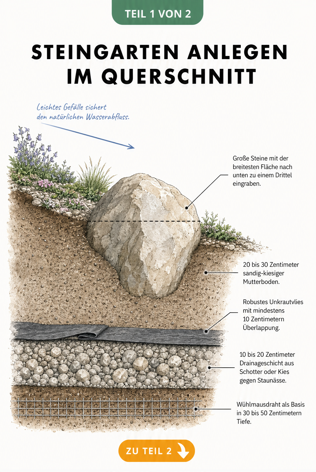 Querschnitt eines Steingartens mit Erdschichten, Drainageschicht aus Kies, Unkrautvlies und eingegrabenem Findling